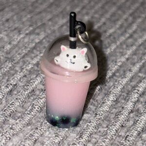 Kawaii theme white cat in pink & black boba tea pendant